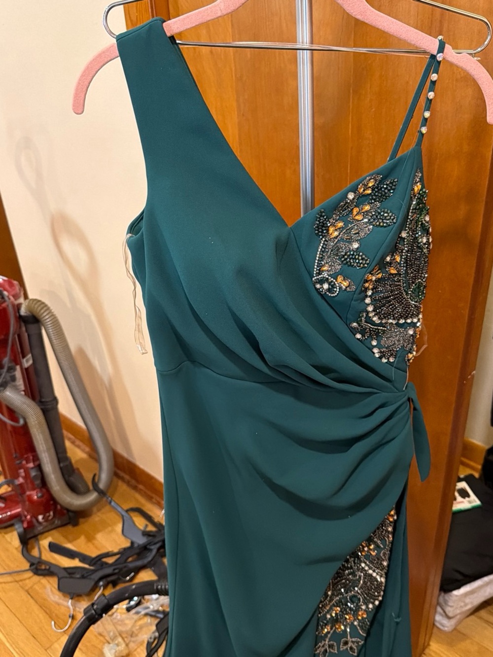 Othr Deep Teal One-Shoulder Beaded Evening Gown